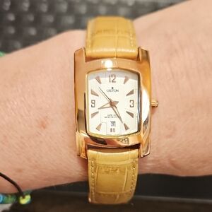 Croton Gold-Tone Rectangular Watch with Leather Strap